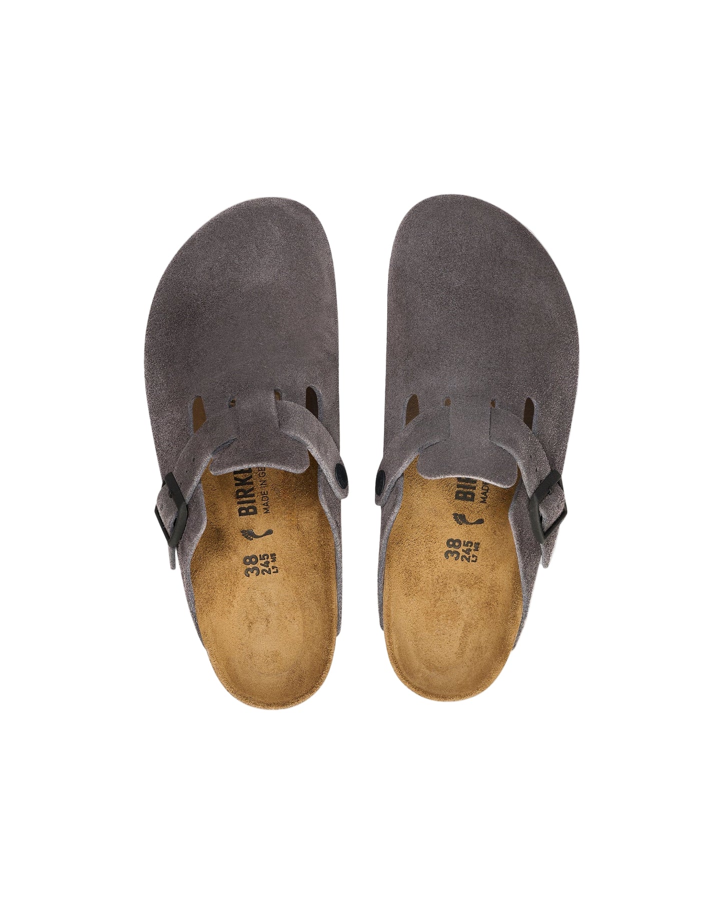 Pair of gray suede sandals with brown soles on a light gray background