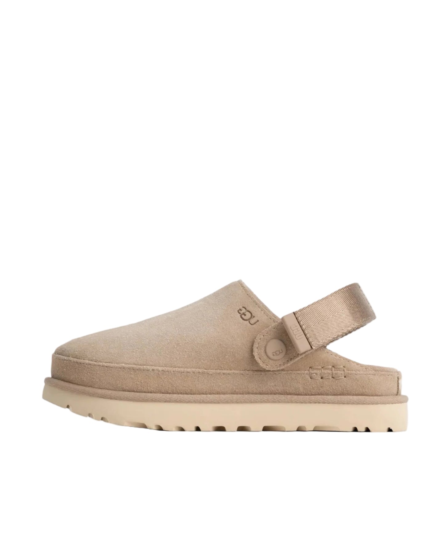 Beige UGG clog shoe on a white background