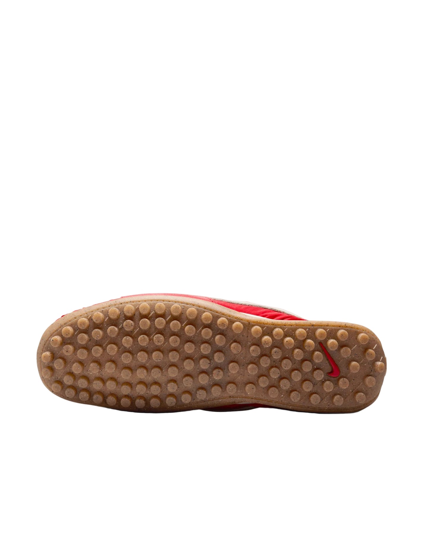 Red shoe sole with textured bottom on a white background