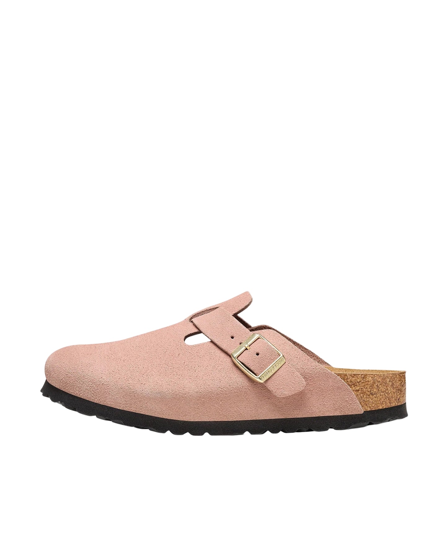 Pink clog shoe with a gold buckle on a white background