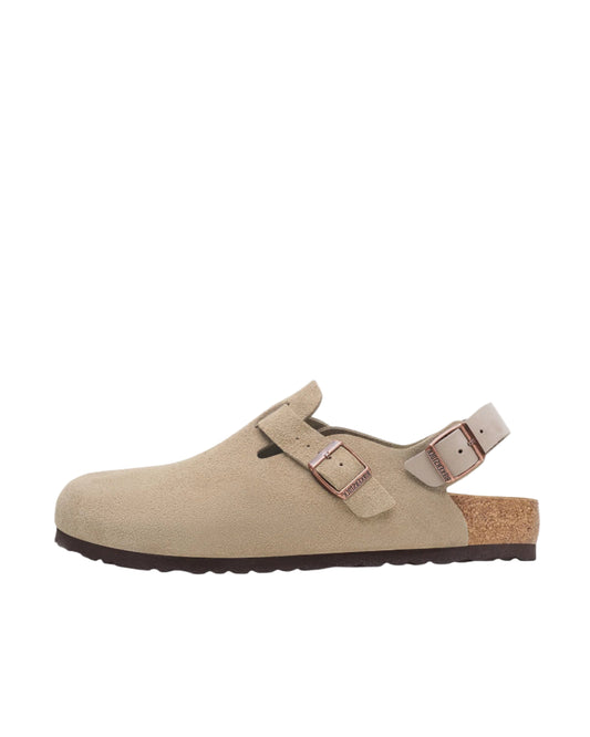 Beige sandal with two straps on a white background