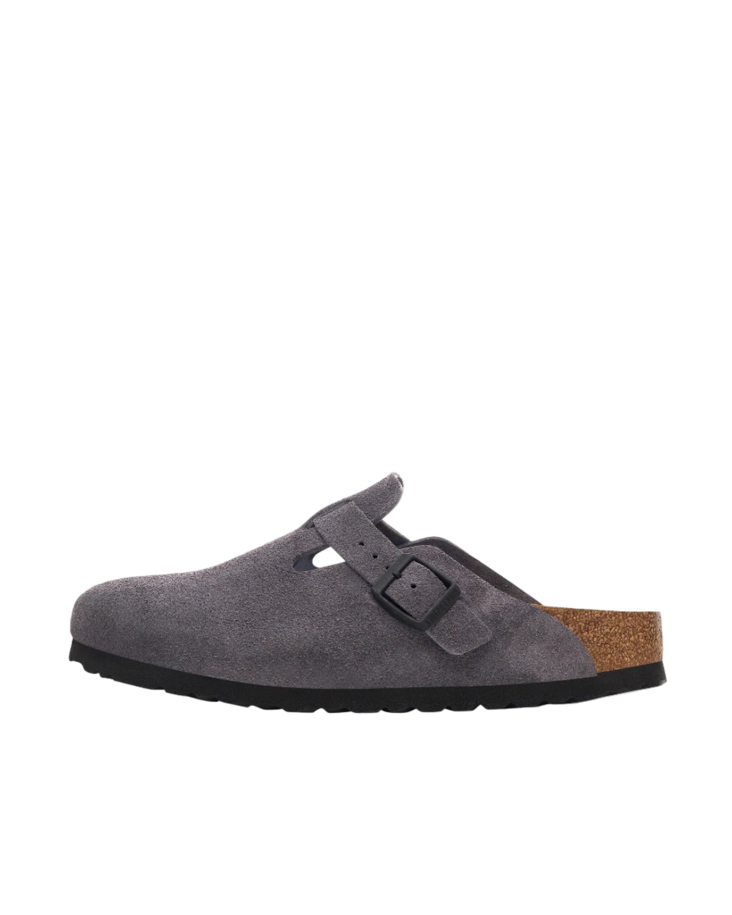 Gray suede clog shoe with a brown insole on a white background
