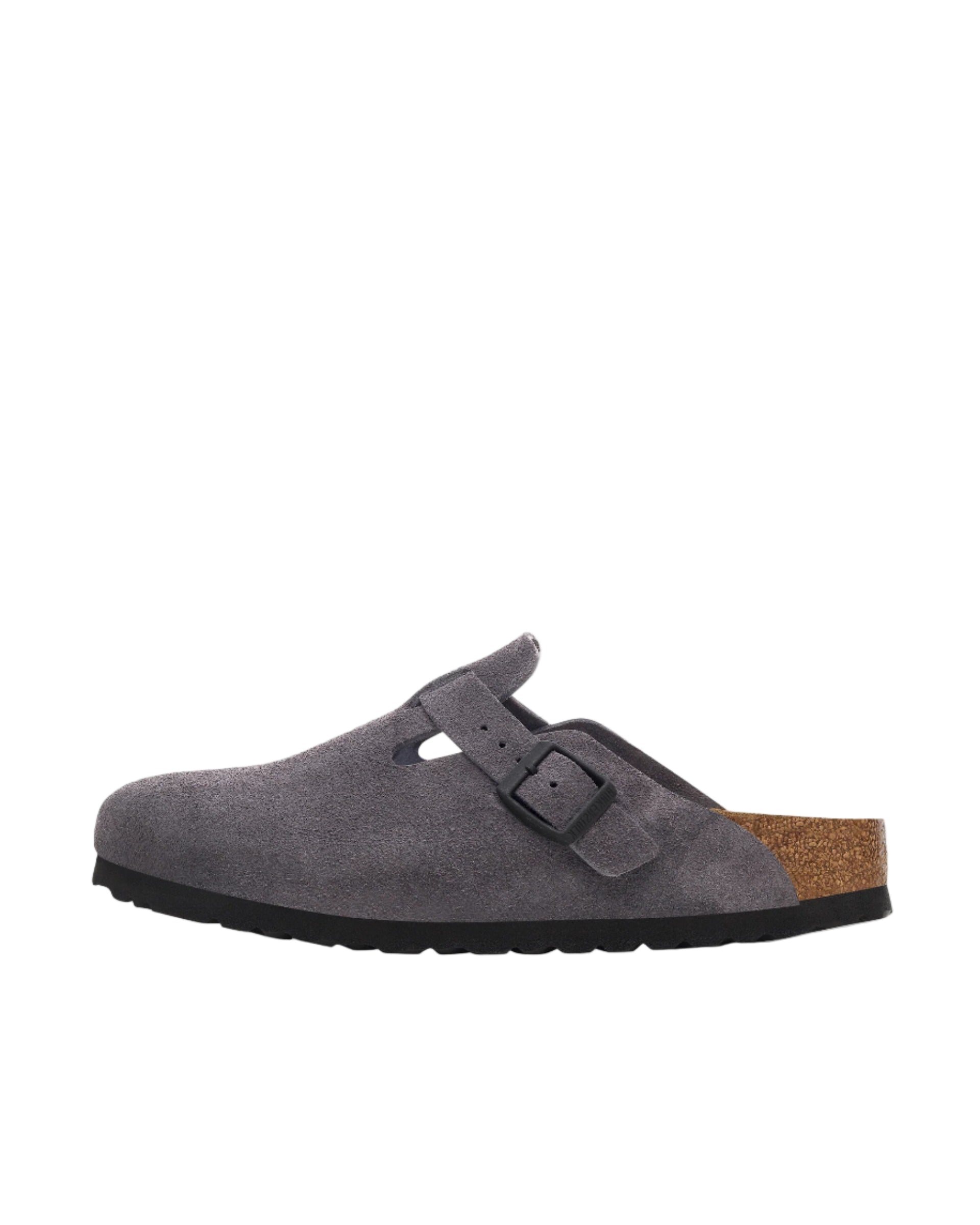 Gray suede clog shoe with a brown insole on a white background