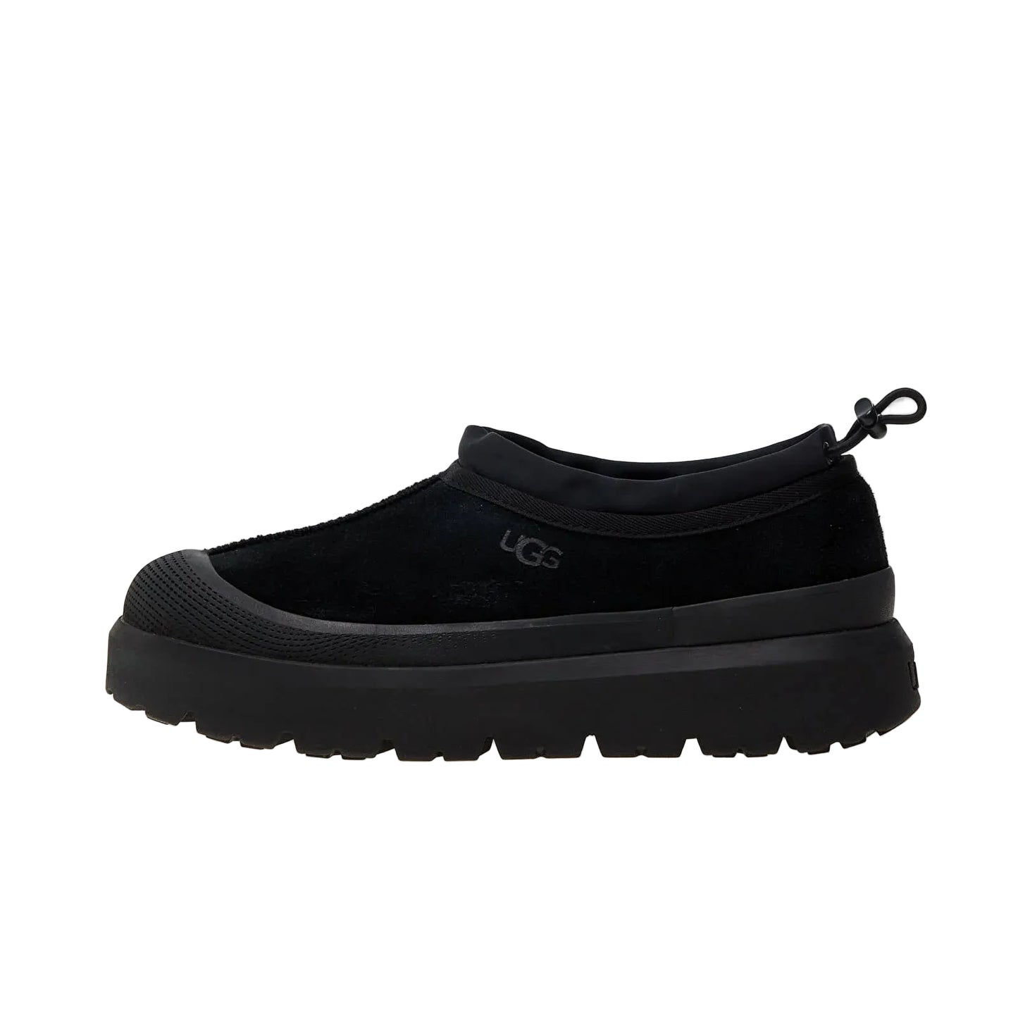 Black slip-on shoe with a brand logo on a white background