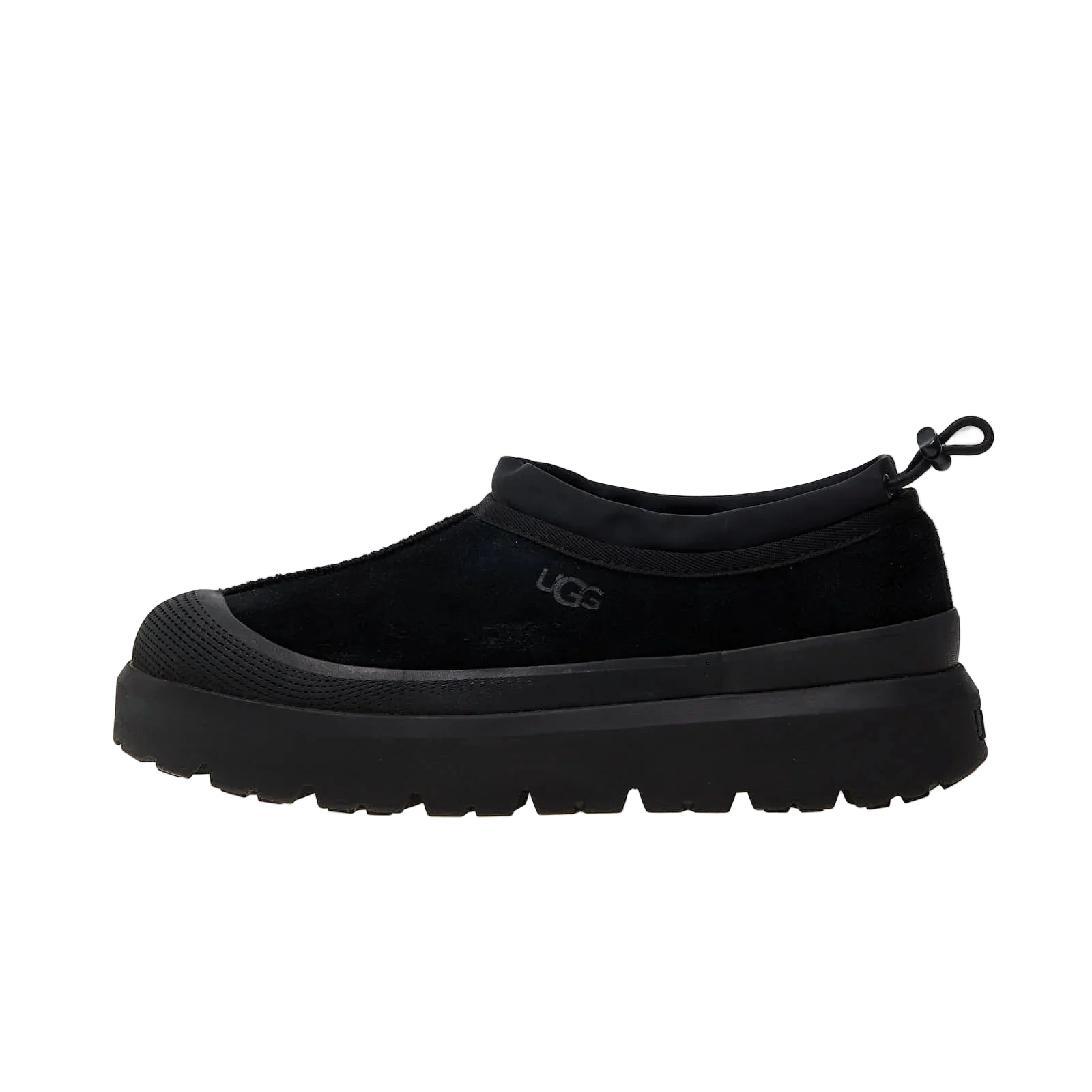 Black slip-on shoe with a brand logo on a white background