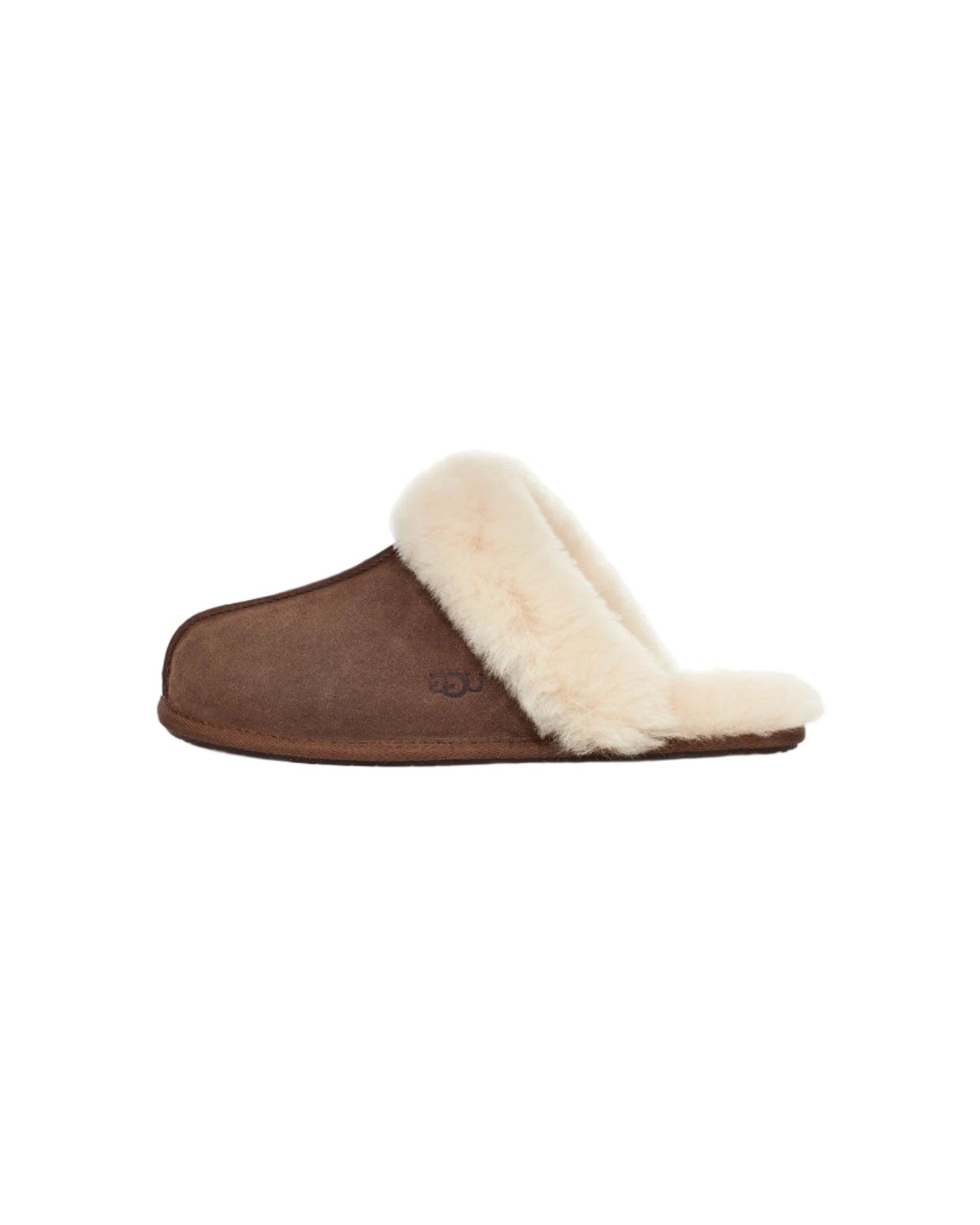 Brown slipper with white fur lining on a light gray background