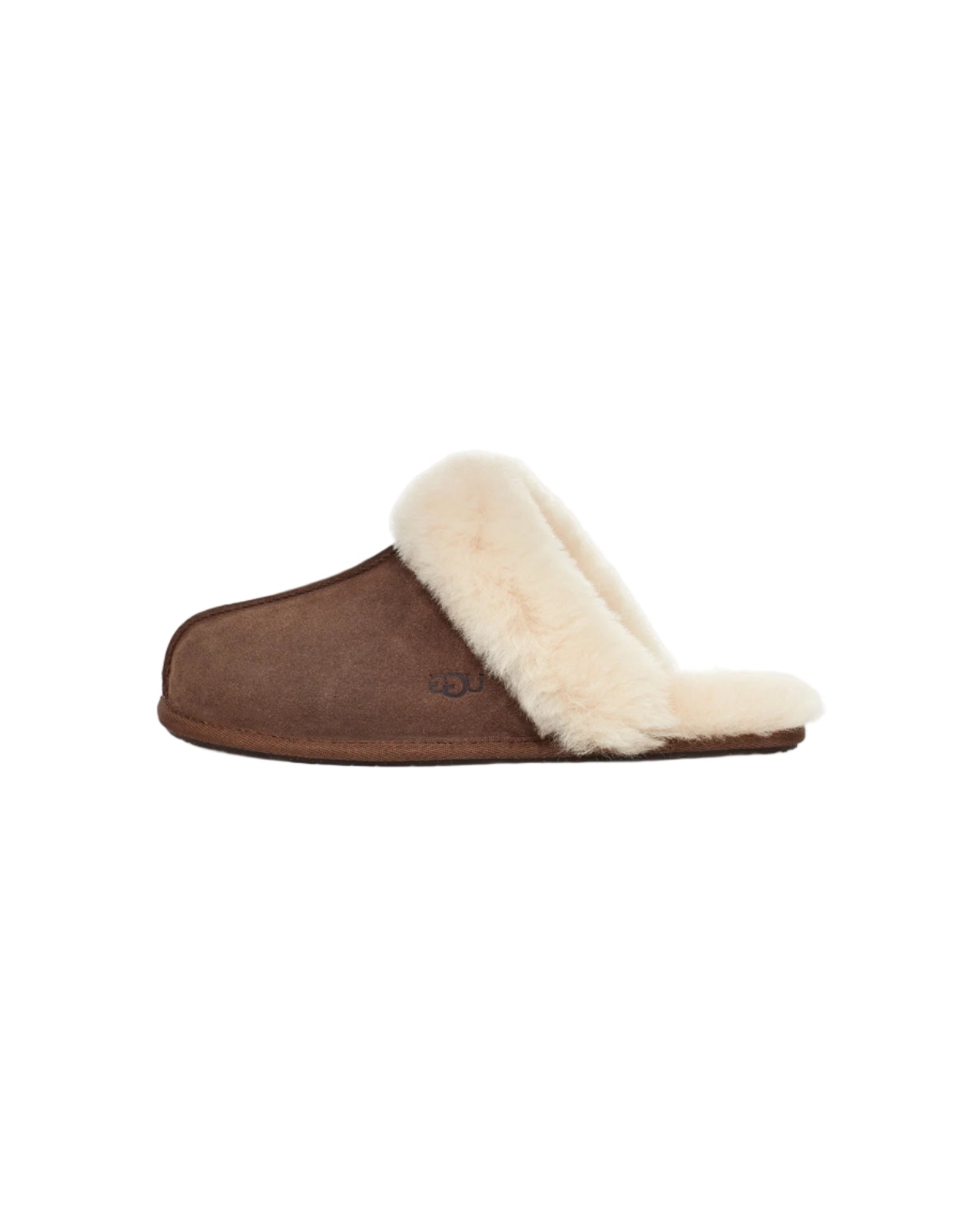 Brown slipper with white fur lining on a light gray background
