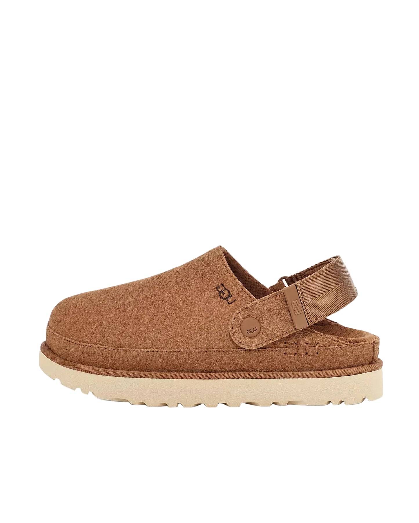 Brown UGG sandal with a strap on a white background
