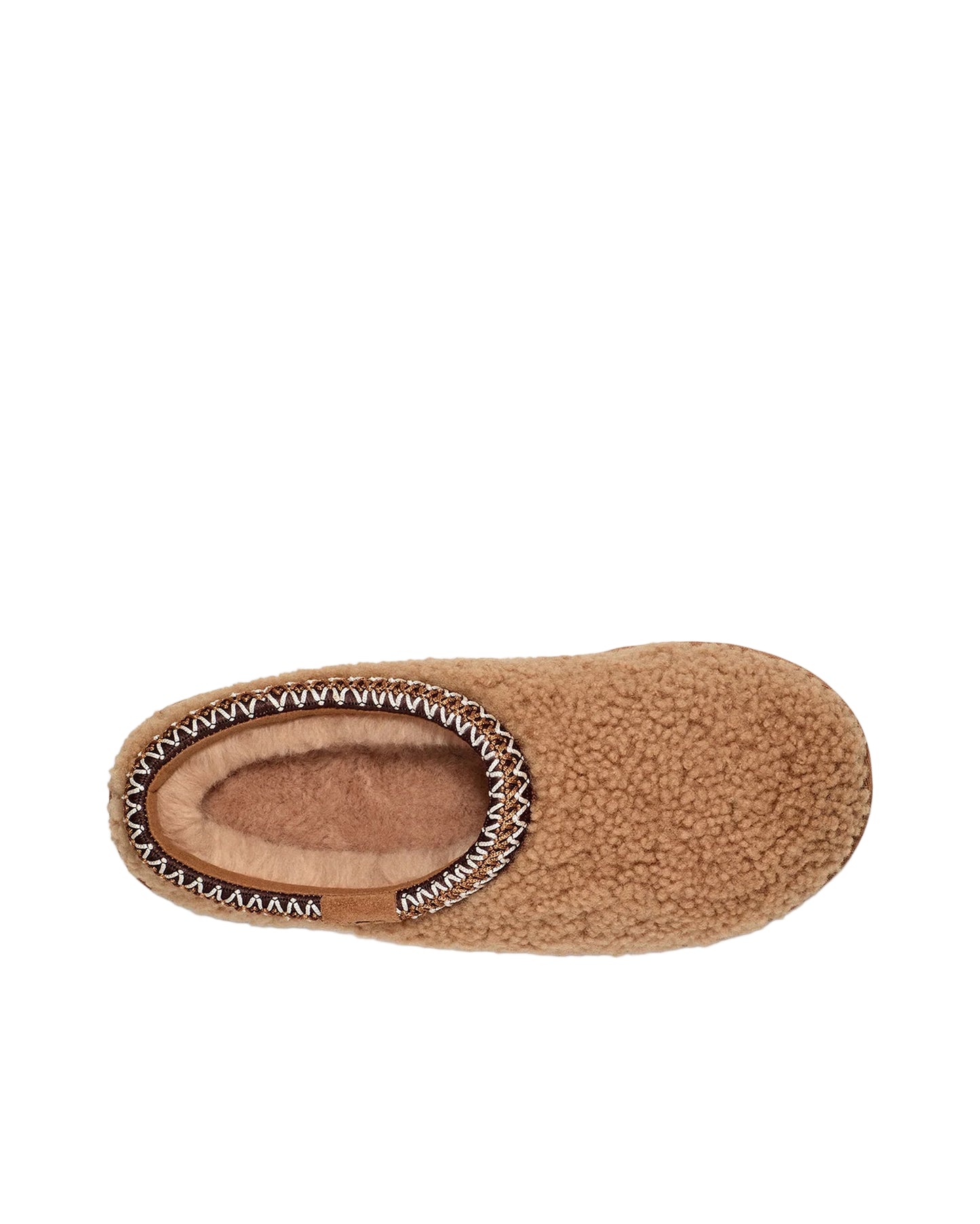 Brown slipper with decorative trim on a white background