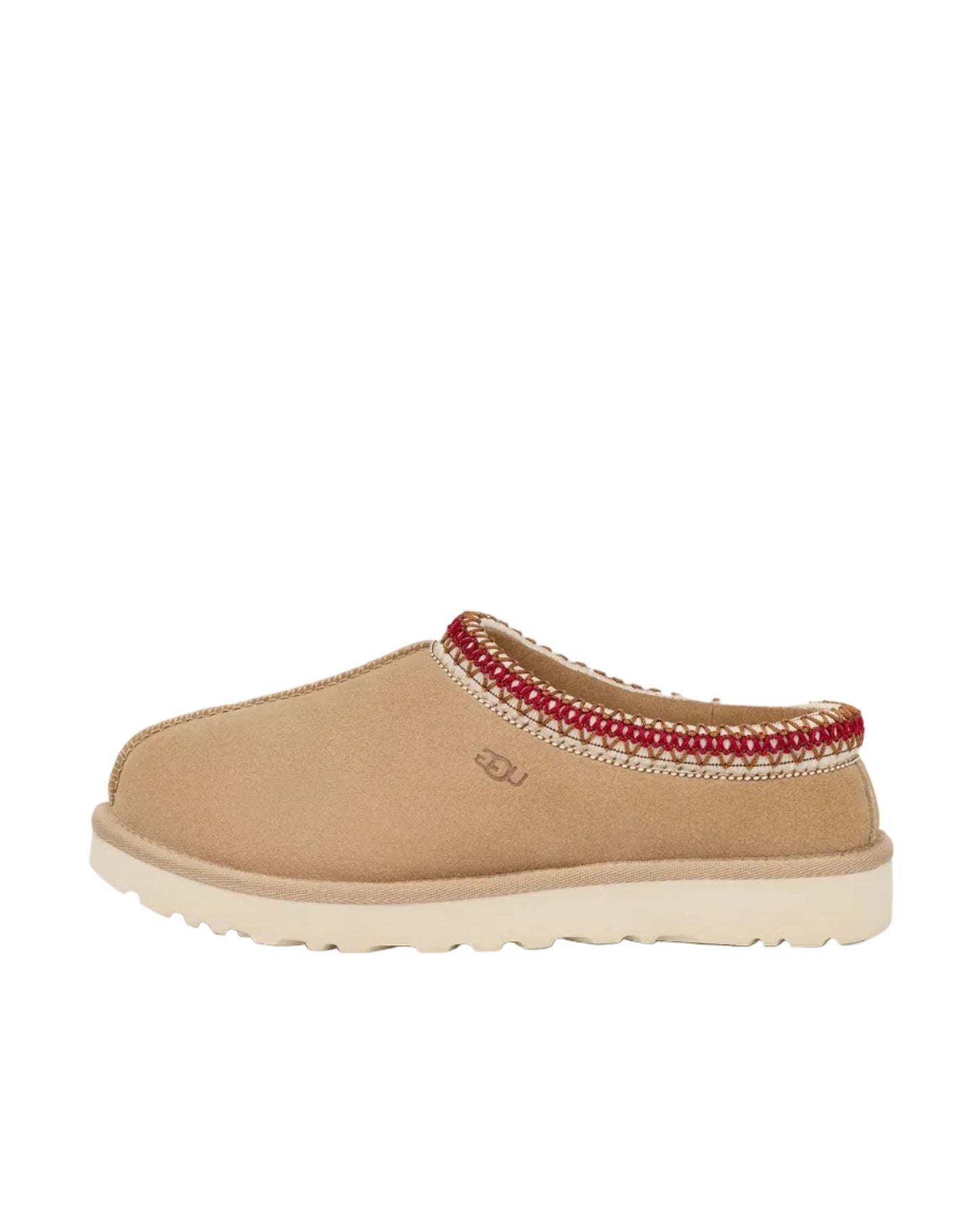 Tan UGG slipper with red trim on a white background