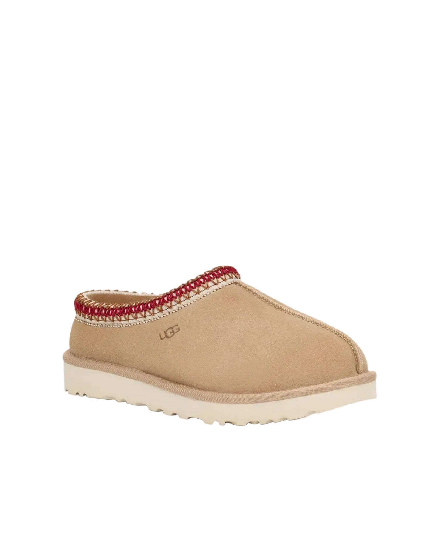 Beige slip-on shoe with red trim on a white background