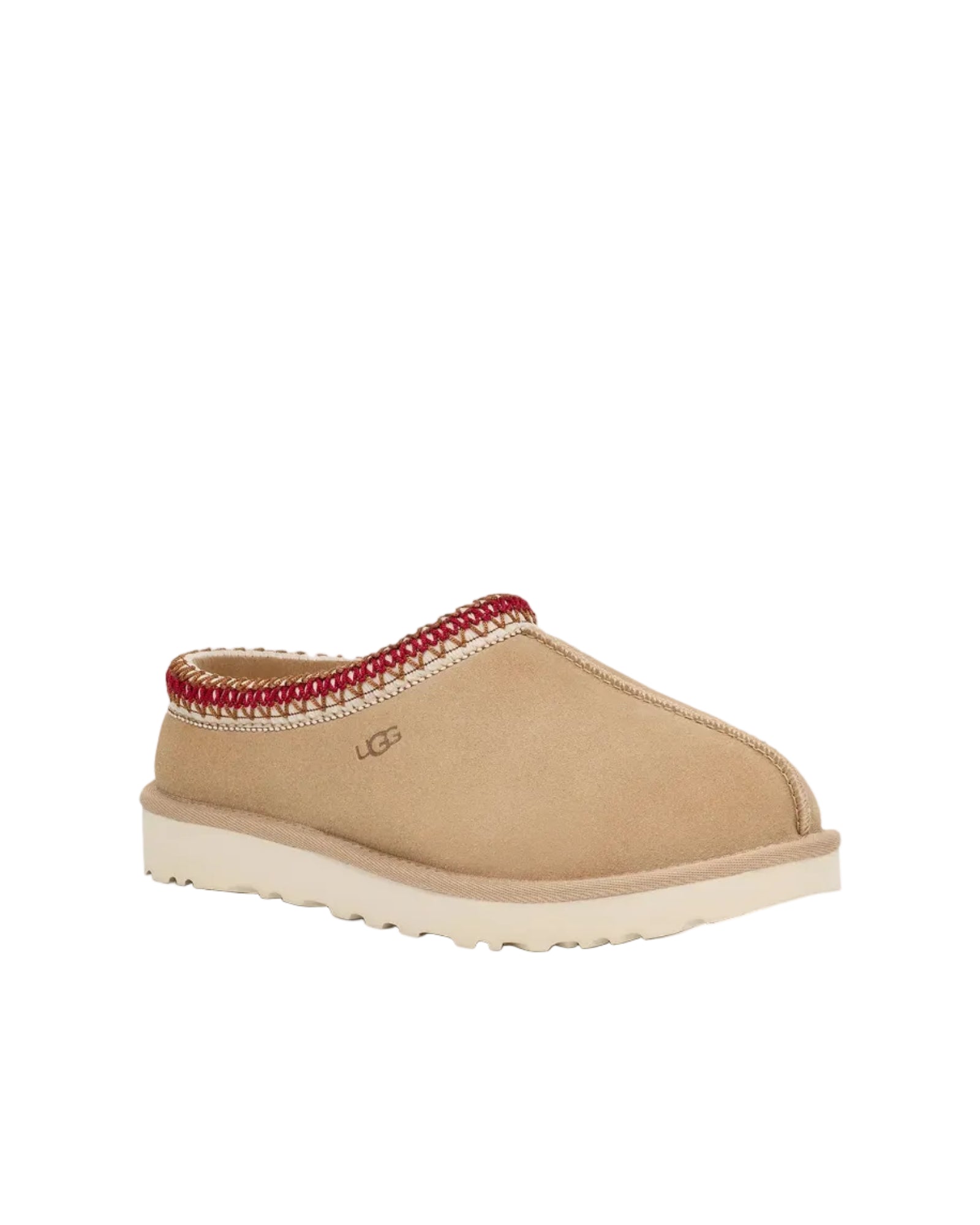 Beige slip-on shoe with red trim on a white background