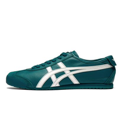 A single Onitsuka Tiger Mexico 66 sneaker in dark teal green with a white stripe logo, shown in a side profile on a white background.