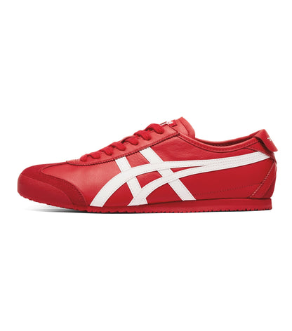 A red leather sneaker with a white stripe logo on the side, shown in profile against a plain white background.