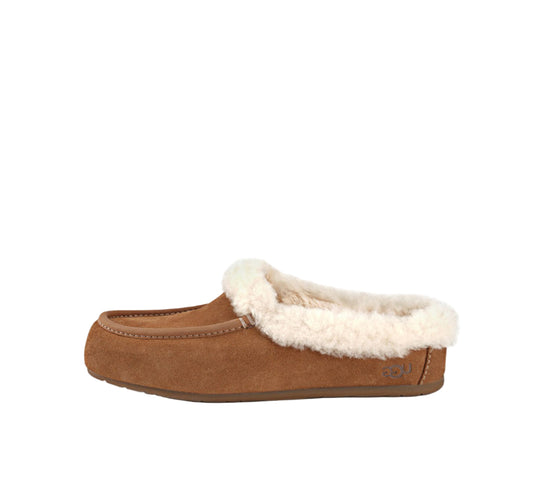 Brown slipper with white fur lining on a white background