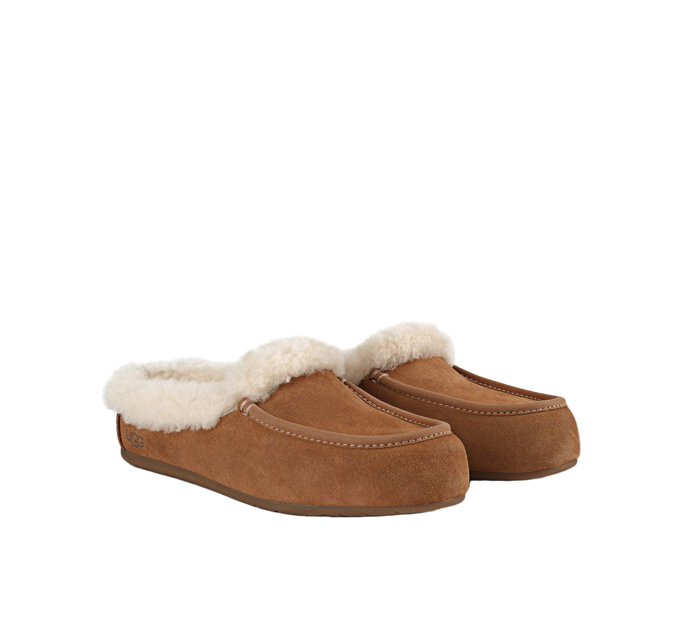 Pair of brown slippers with white fur lining on a white background