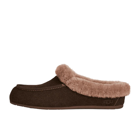 Brown slipper with fur lining on a white background