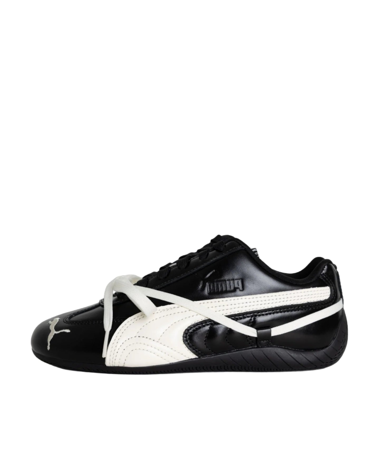 Black and white sneaker with a prominent brand logo on a white background