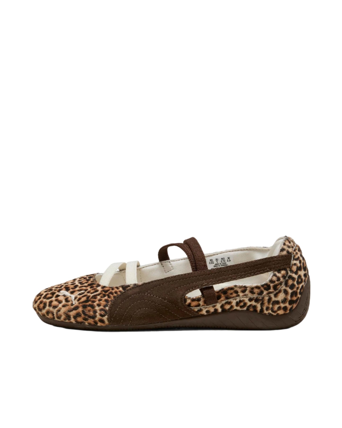 Brown shoe with leopard print pattern on a white background