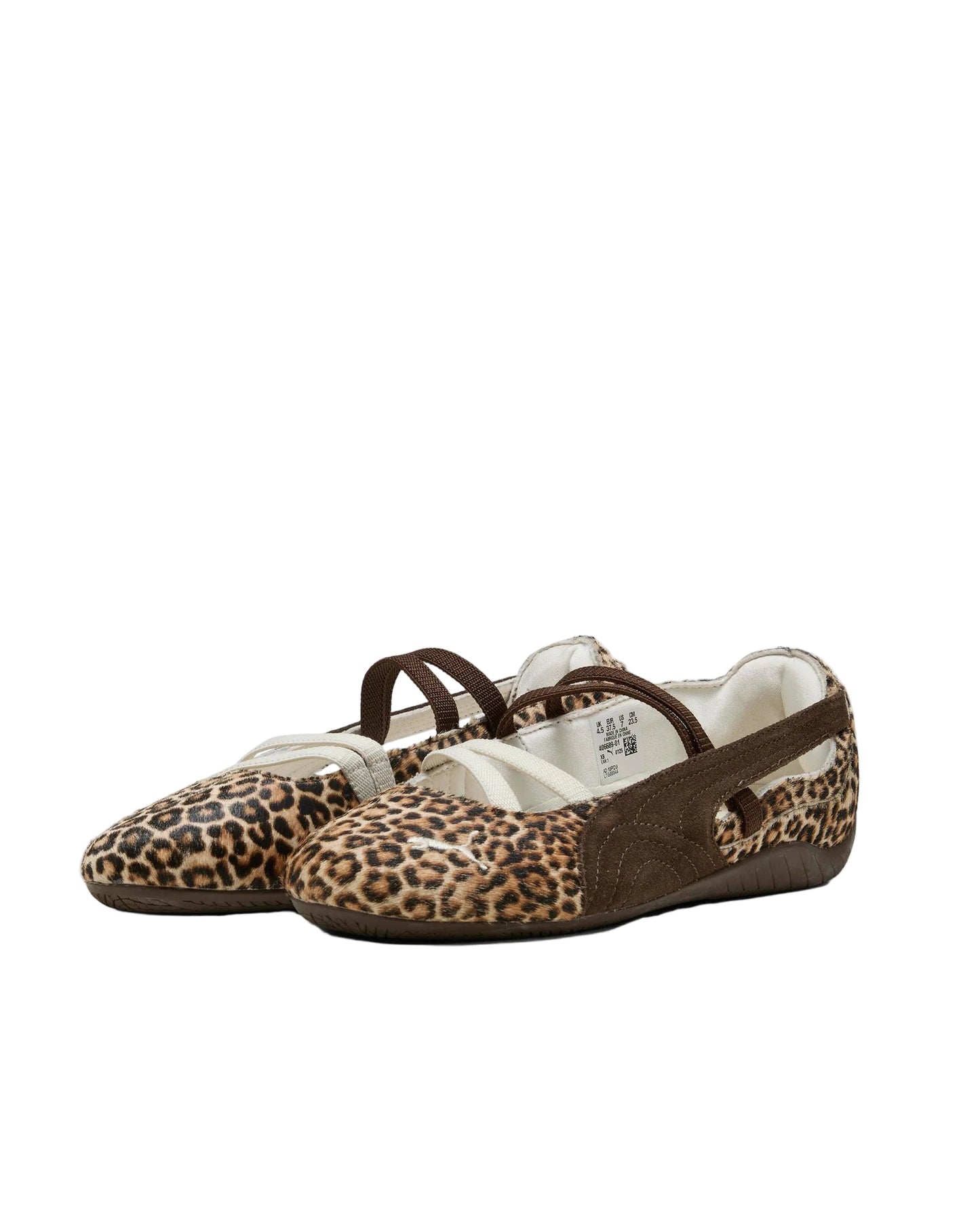 Pair of leopard print shoes on a white background