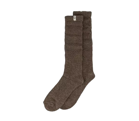 Pair of brown knee-high socks on a light gray background