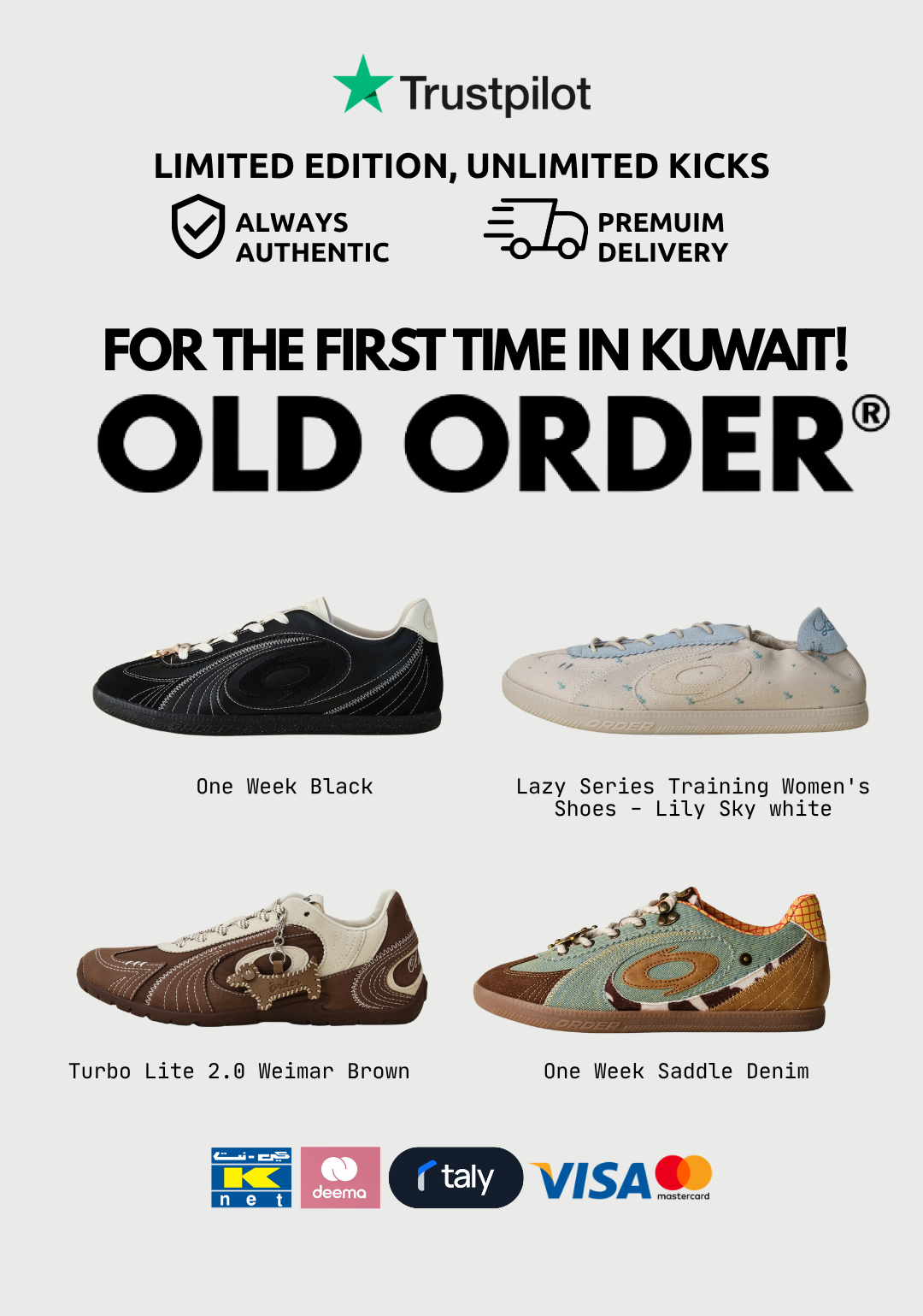 A promotional graphic for Old Order sneakers in Kuwait, featuring four different colorways of the same shoe style arranged in a 2x2 grid. The top of the image includes Trustpilot badges and text reading 'Limited Edition, Unlimited Kicks' and 'For the First Time in Kuwait! Old Order'.