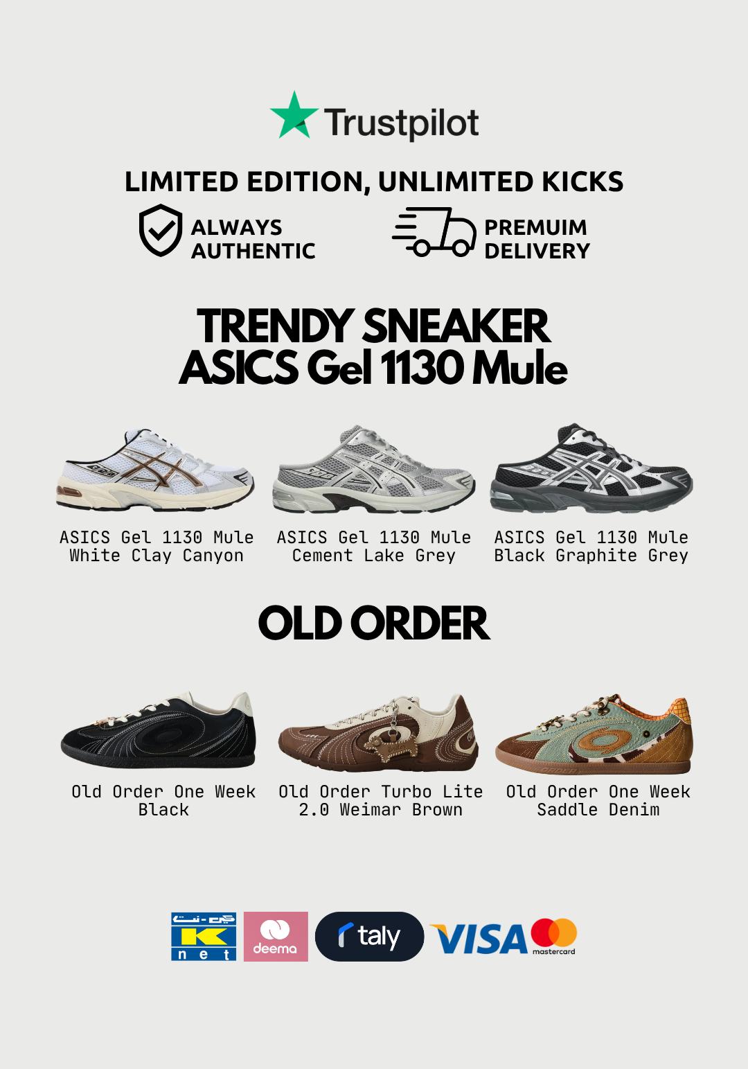 A promotional graphic for Trustpilot's Trendy Sneaker ASICS Gel 1130 Mule, showing multiple color options in a row with text labels, plus an 'Old Order' section with four previous shoe models and payment logos at the bottom.