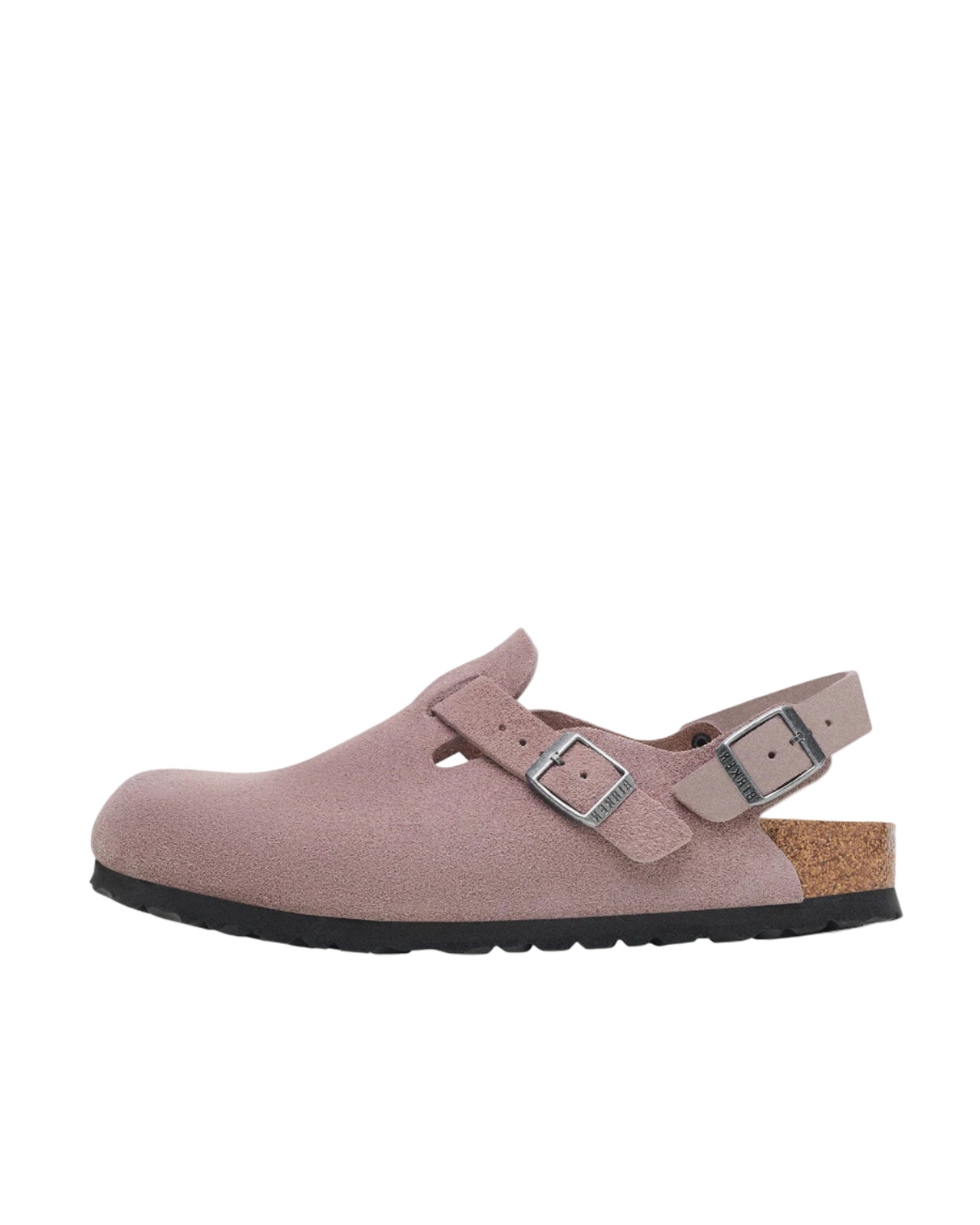 Pink clog shoe with two buckles on a white background