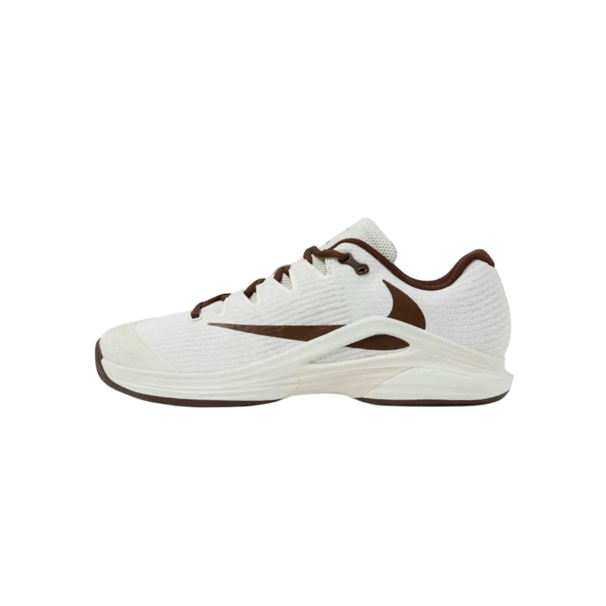 A white athletic sneaker with brown accents, including the laces, inner lining, and side logo, shown in a side profile on a light gray background.