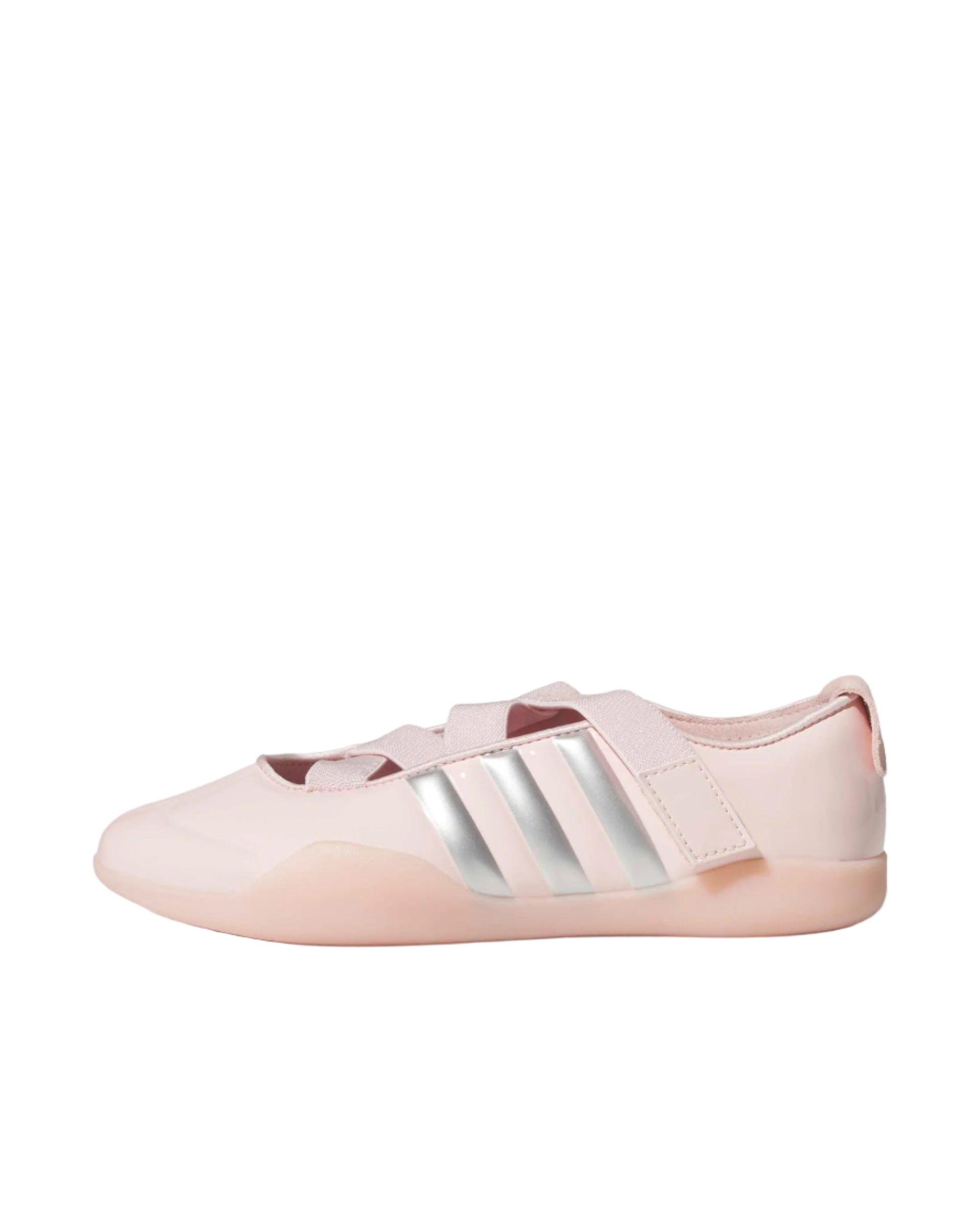 Pink Adidas shoe with silver stripes on a white background