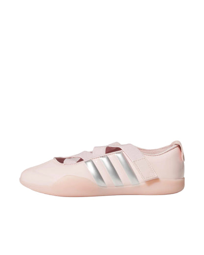 Pink Adidas shoe with silver stripes on a white background