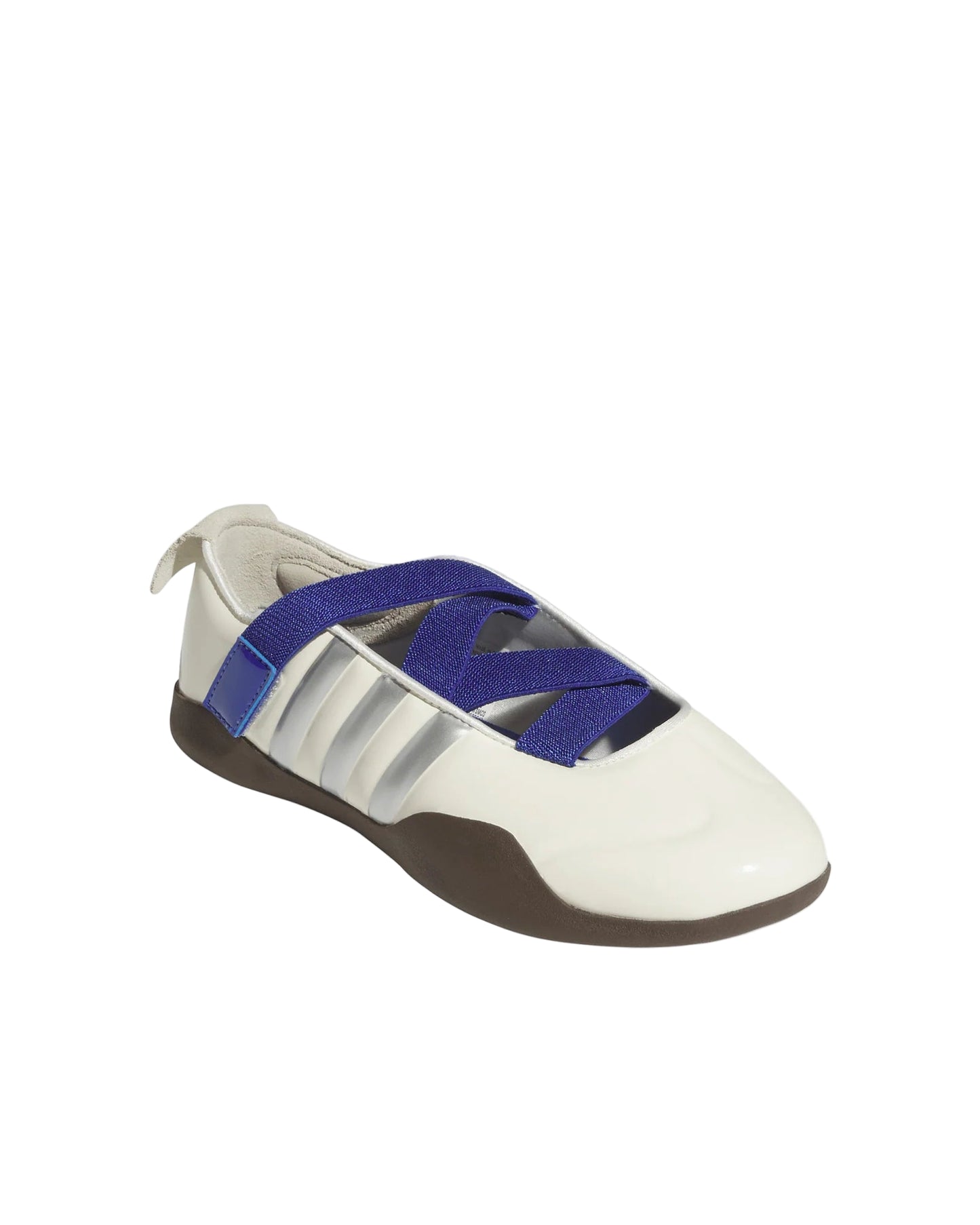 White shoe with blue strap on a white background