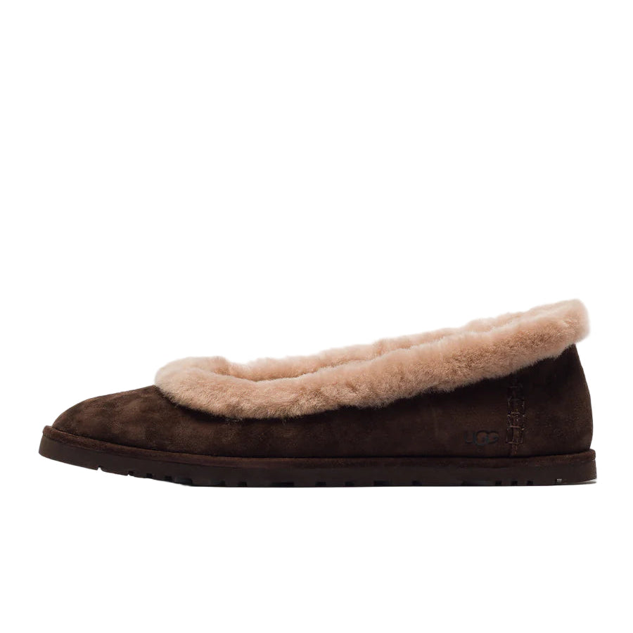 Brown slipper with beige fur lining on a white background