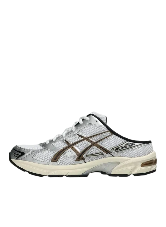 White running shoe with brown accents on a white background