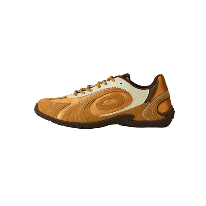 A low-top athletic sneaker in tan and brown with cream accents, shown in a side profile against a neutral gray background.