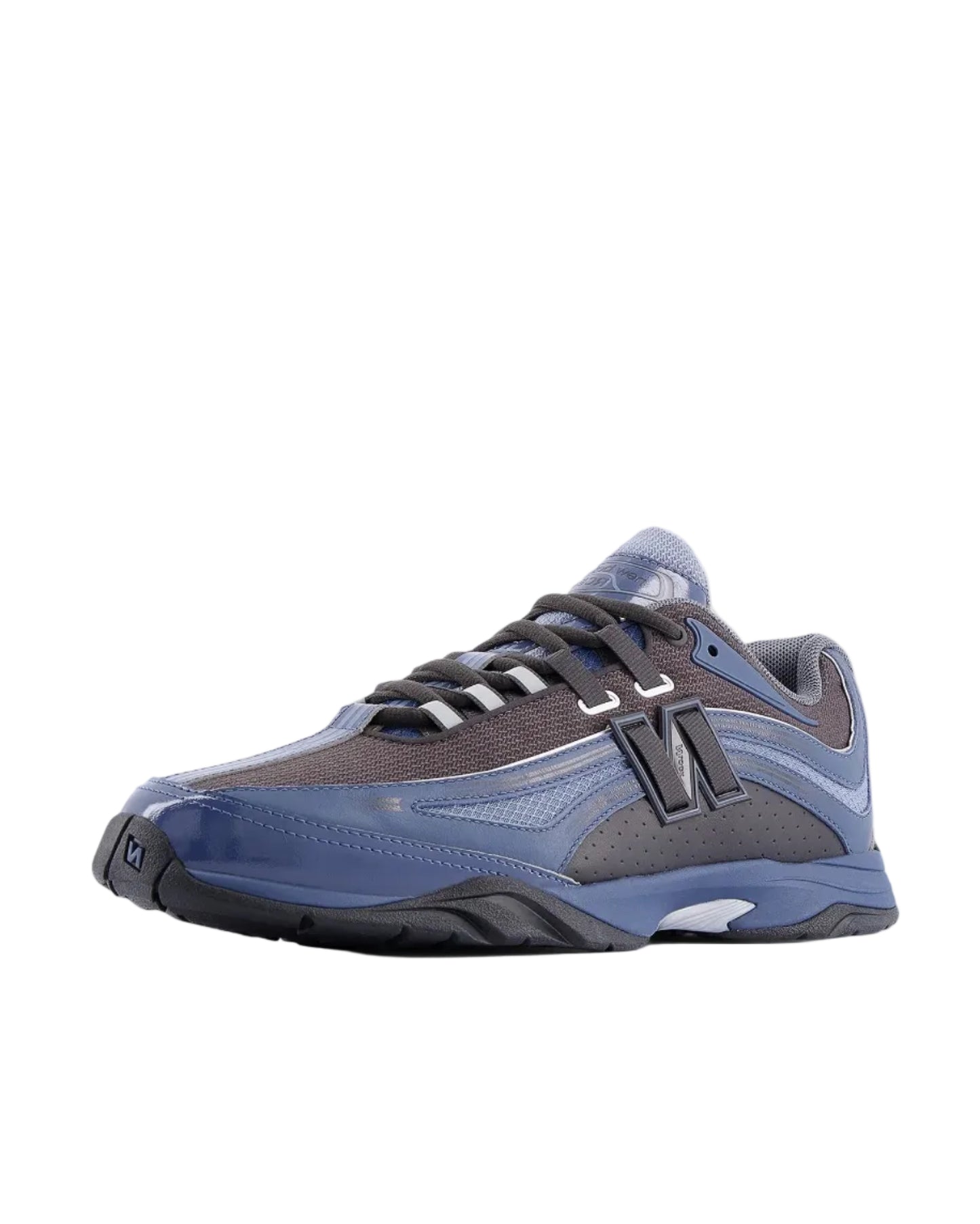 Blue and gray athletic shoe on a white background