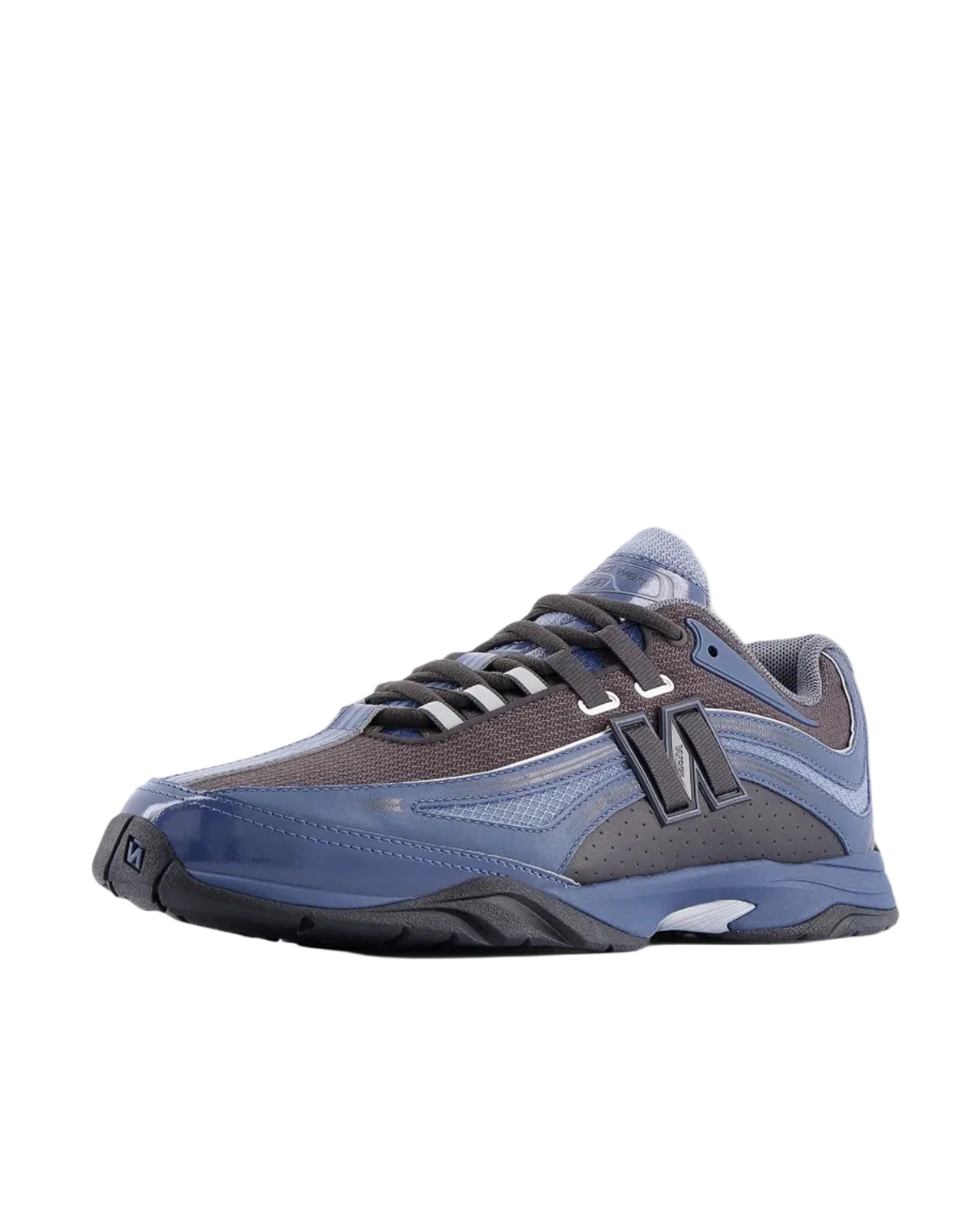 Blue and gray athletic shoe on a white background