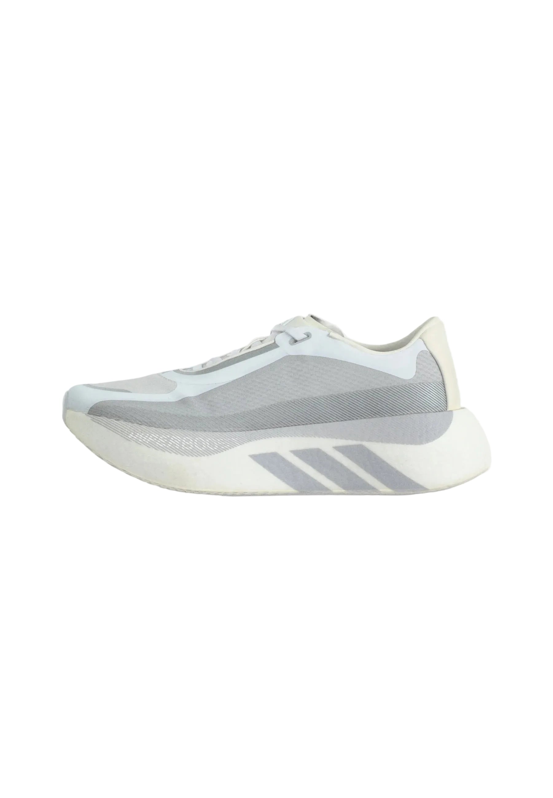 A light gray and off-white Adidas running shoe shown from the side against a plain light gray background.
