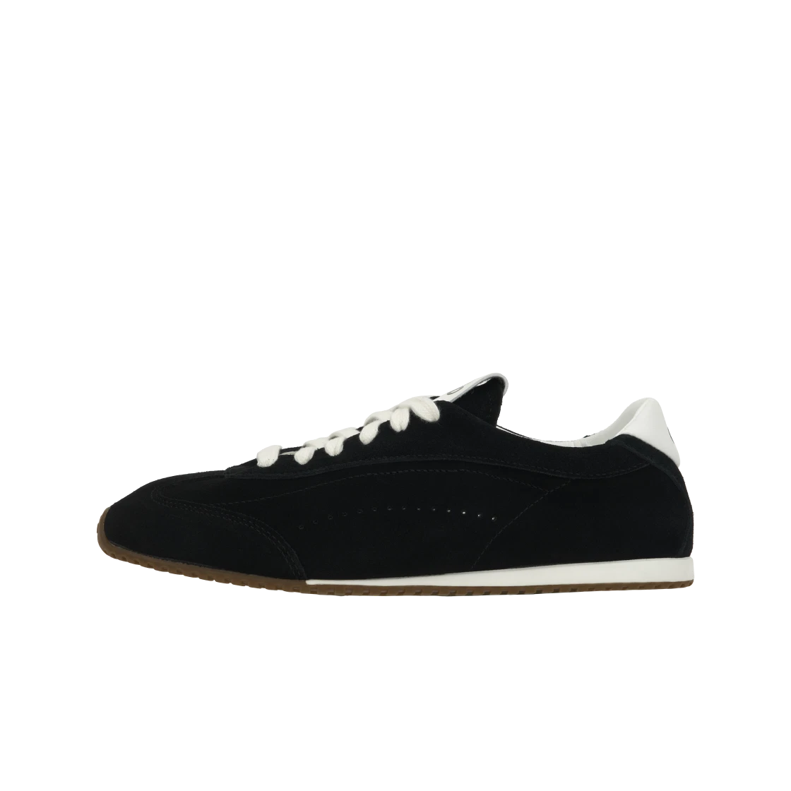 Black sneaker with white accents on a white background