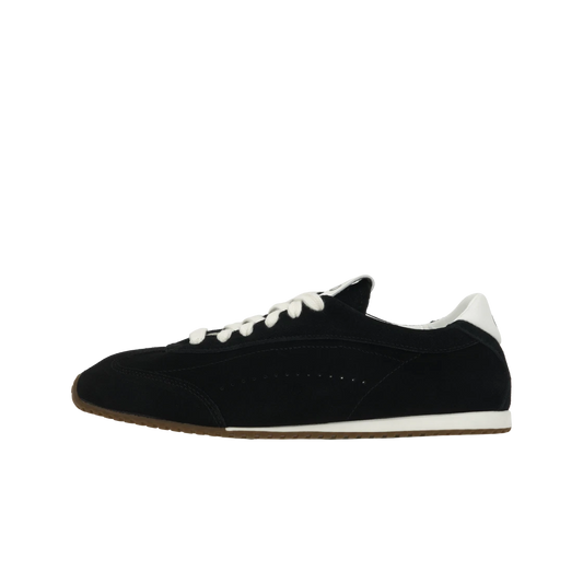 Black sneaker with white accents on a white background