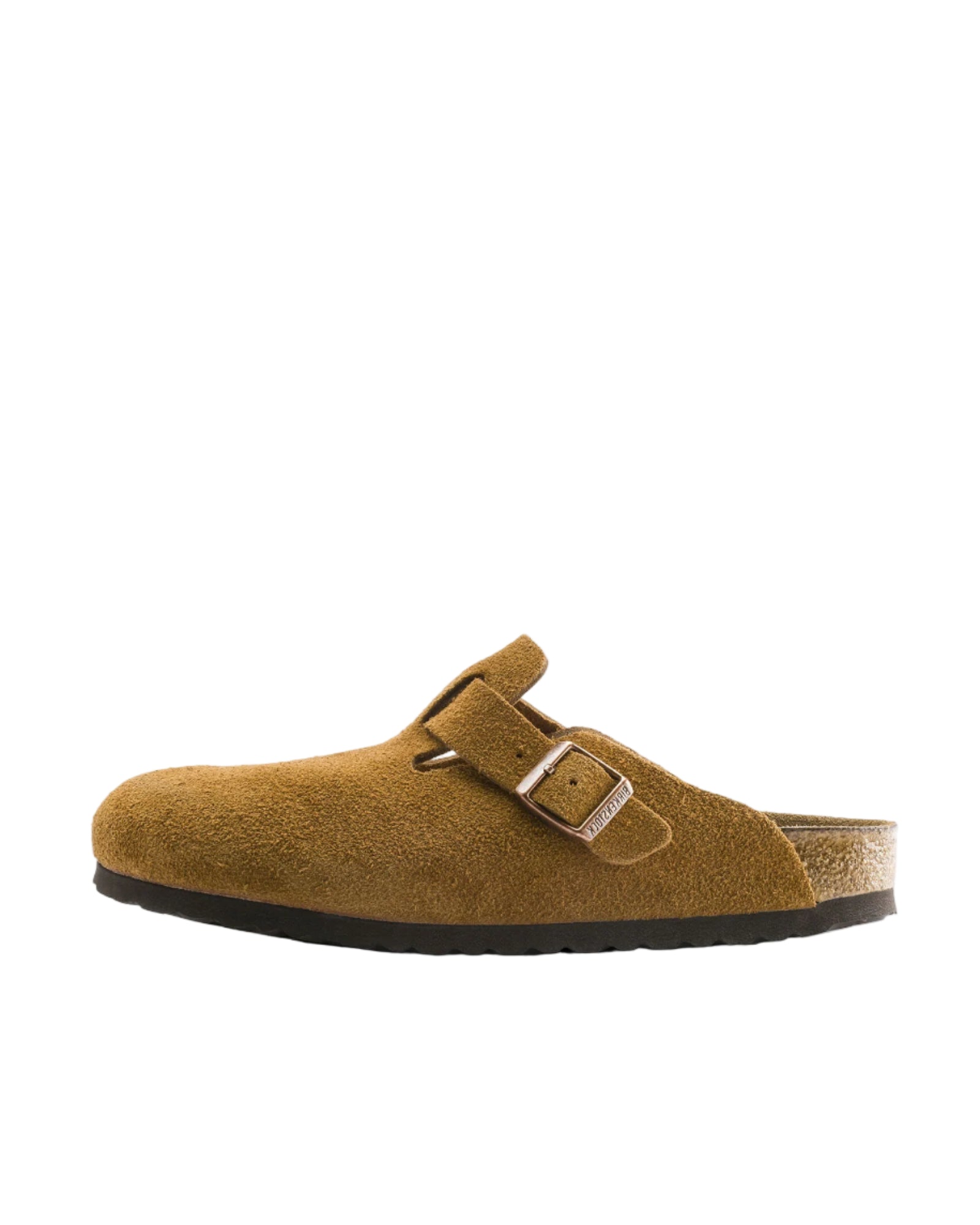 Brown suede clog shoe on a white background