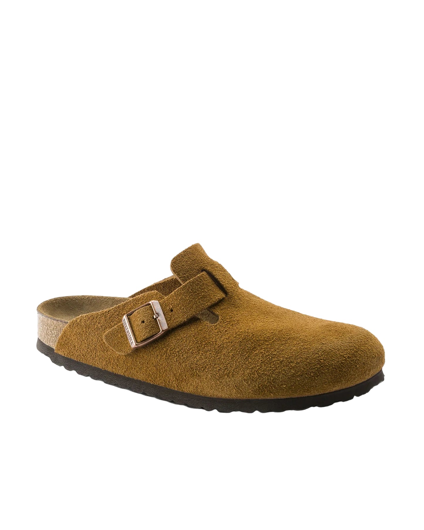 Brown suede clog shoe with a buckle on a white background