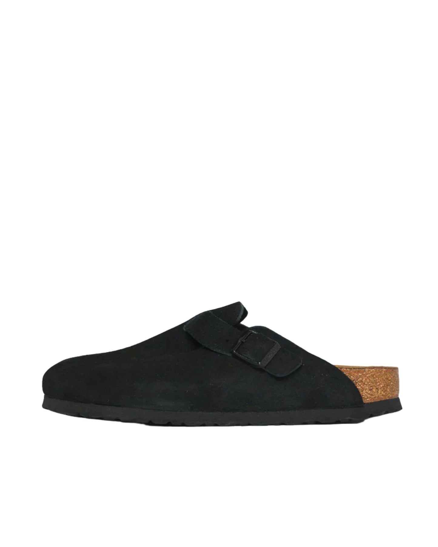 Black suede clog shoe with cork sole on a light gray background