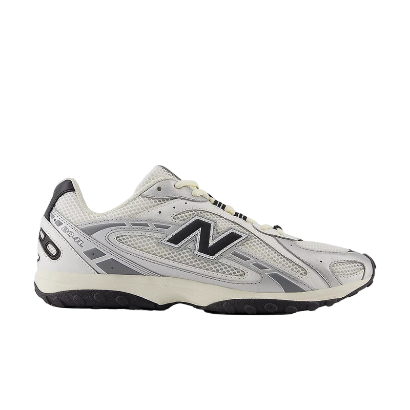 Gray athletic shoe with black accents on a white background